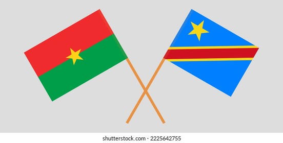 Gekreuzte Flaggen von Burkina Faso und der Demokratischen Republik Kongo. Offizielle Farben. Richtiger Anteil. Vektorgrafik
