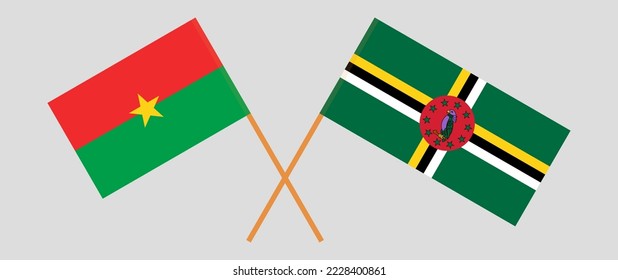 Überkreuzte Flaggen von Burkina Faso und Dominica. Offizielle Farben. Richtiger Anteil. Vektorgrafik
