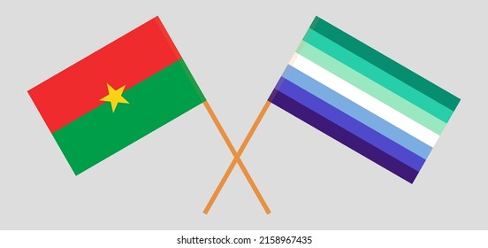 Die gekreuzten Flaggen von Burkina Faso und Homosexuelle sind stolz. Offizielle Farben. Richtiger Anteil. Vektorgrafik
