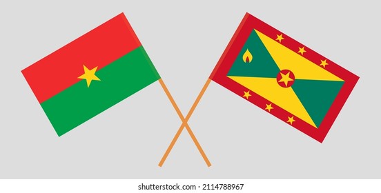 Überquerte Flaggen von Burkina Faso und Grenada. Offizielle Farben. Richtiger Anteil. Vektorgrafik
