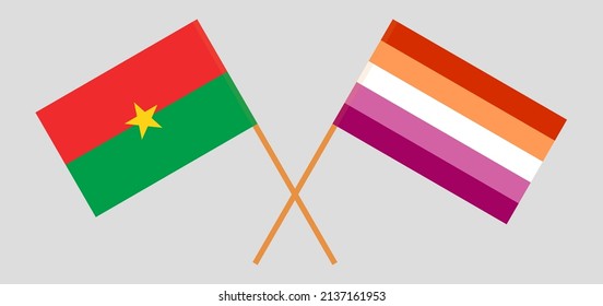 Gekreuzte Flaggen von Burkina Faso und Lesbian Pride. Offizielle Farben. Richtiger Anteil. Vektorgrafik
