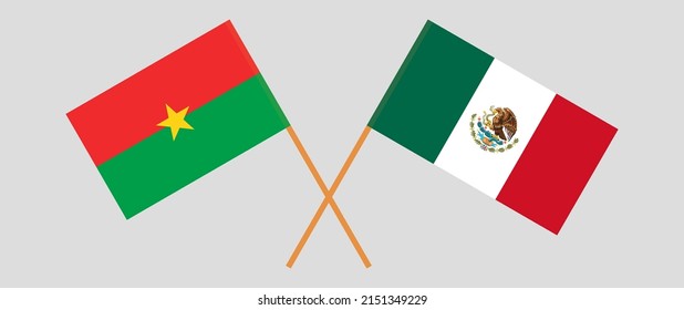 Gekreuzte Flaggen von Burkina Faso und Mexiko. Offizielle Farben. Richtiger Anteil. Vektorgrafik
