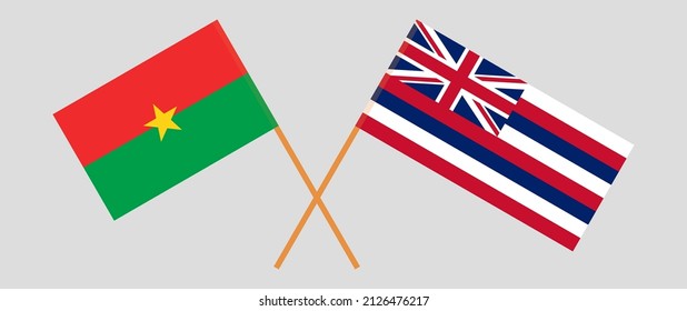 Gekreuzte Flaggen von Burkina Faso und dem Staat Hawaii. Offizielle Farben. Richtiger Anteil. Vektorgrafik
