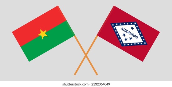 Gekreuzte Flaggen von Burkina Faso und dem Bundesstaat Arkansas. Offizielle Farben. Richtiger Anteil. Vektorgrafik
