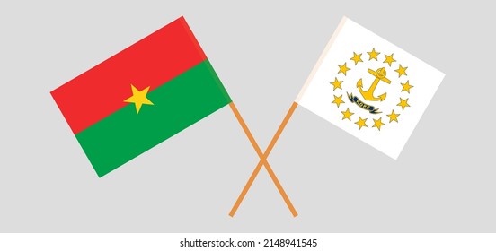 Überquerte Flaggen von Burkina Faso und dem Staat Rhode Island. Offizielle Farben. Richtiger Anteil. Vektorgrafik
