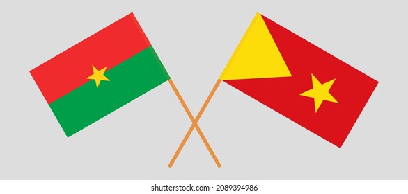 Gekreuzte Flaggen von Burkina Faso und Tigray. Offizielle Farben. Richtiger Anteil