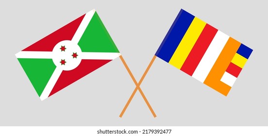 Crossed flags of Burundi and Buddhism. Official colors. Correct proportion. Vector illustration

