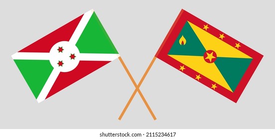 Gekreuzte Flaggen von Burundi und Grenada. Offizielle Farben. Richtiger Anteil. Vektorgrafik
