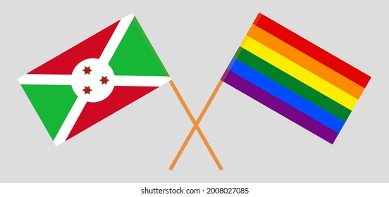 Crossed flags of Burundi and LGBTQ. Official colors. Correct proportion