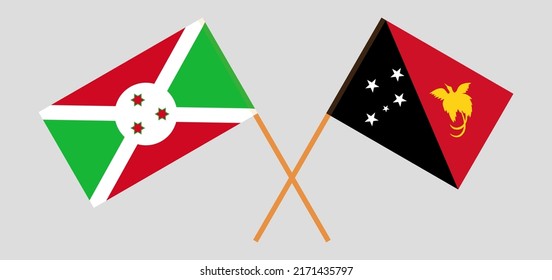 Crossed flags of Burundi and Papua New Guinea. Official colors. Correct proportion. Vector illustration
