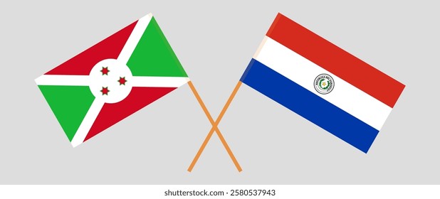 Crossed flags of Burundi and Republic of Paraguay. Official colors. Correct proportion. Vector illustration.
