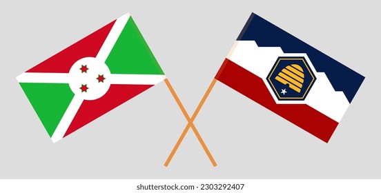 Crossed flags of Burundi and The State of Utah. Official colors. Correct proportion. Vector illustration
