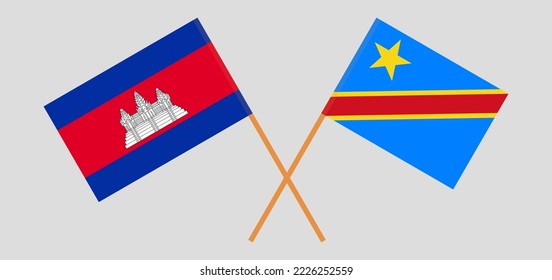 Crossed flags of Cambodia and Democratic Republic of the Congo. Official colors. Correct proportion. Vector illustration
