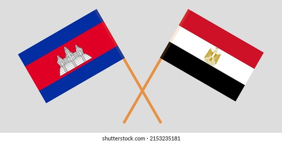 Crossed flags of Cambodia and Egypt. Official colors. Correct proportion. Vector illustration
