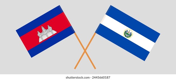 Crossed flags of Cambodia and El Salvador. Official colors. Correct proportion. Vector illustration
