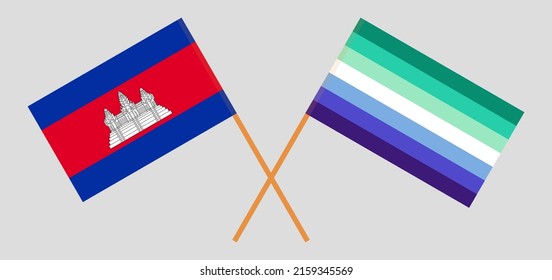 Crossed flags of Cambodia and gay men pride. Official colors. Correct proportion. Vector illustration
