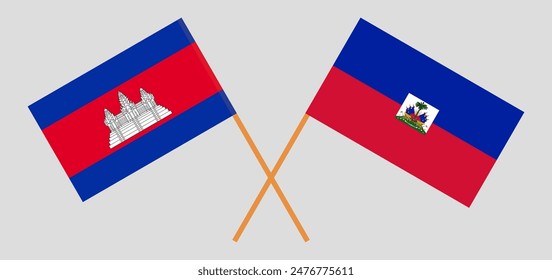 Crossed flags of Cambodia and Haiti. Official colors. Correct proportion. Vector illustration

