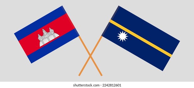 Crossed flags of Cambodia and Nauru. Official colors. Correct proportion. Vector illustration
