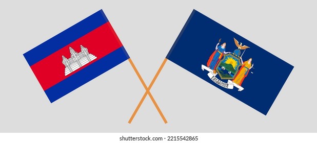 Crossed flags of Cambodia and The State of New York. Official colors. Correct proportion. Vector illustration
