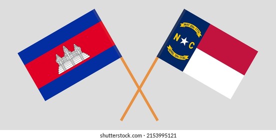 Crossed flags of Cambodia and The State of North Carolina. Official colors. Correct proportion. Vector illustration
