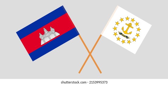 Überquerte Flaggen Kambodschas und des Staates Rhode Island. Offizielle Farben. Richtiger Anteil. Vektorgrafik
