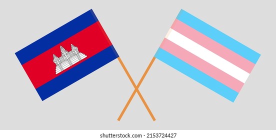 Crossed flags of Cambodia and Transgender Pride. Official colors. Correct proportion