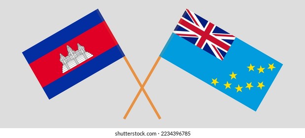 Crossed flags of Cambodia and Tuvalu. Official colors. Correct proportion. Vector illustration
