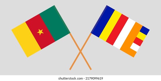Crossed flags of Cameroon and Buddhism. Official colors. Correct proportion. Vector illustration
