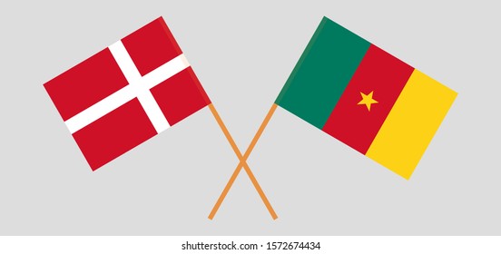 Crossed flags of Cameroon and Denmark. Official colors. Correct proportion. Vector illustration
