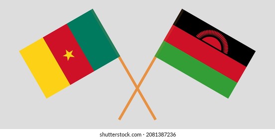 Crossed flags of Cameroon and Malawi. Official colors. Correct proportion. Vector illustration
