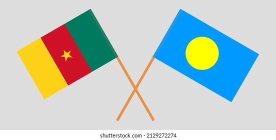 Crossed flags of Cameroon and Palau. Official colors. Correct proportion. Vector illustration