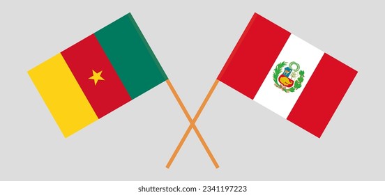 Gekreuzte Flaggen von Kamerun und Peru. Offizielle Farben. Richtiger Anteil. Vektorgrafik
