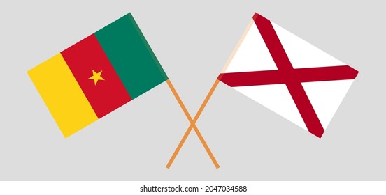 Banderas cruzadas de Camerún y el estado de Alabama. Colores oficiales. Proporción correcta
