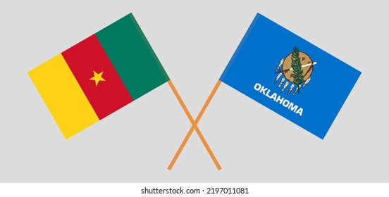 Banderas cruzadas de Camerún y el estado de Oklahoma. Colores oficiales. Proporción correcta. Ilustración del vector
