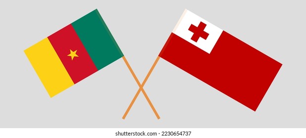 Banderas cruzadas de Camerún y Tonga. Colores oficiales. Proporción correcta. Ilustración del vector
