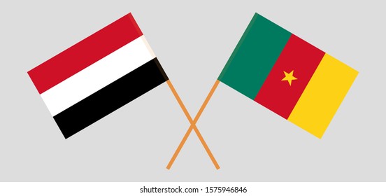 Crossed flags of Cameroon and Yemen. Official colors. Correct proportion. Vector illustration
