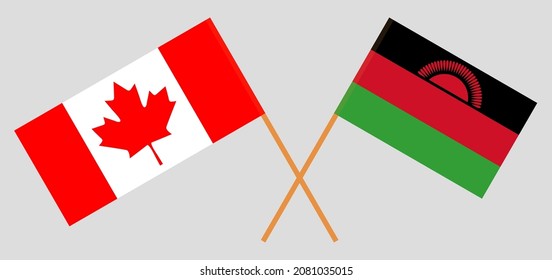 Crossed flags of Canada and Malawi. Official colors. Correct proportion