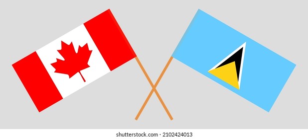 Überquerte Flaggen von Kanada und Saint Lucia. Offizielle Farben. Richtiger Anteil. Vektorgrafik
