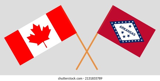 Crossed flags of Canada and The State of Arkansas. Official colors. Correct proportion. Vector illustration