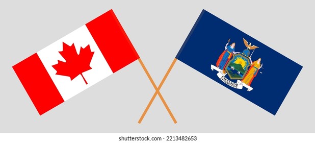 Banderas cruzadas del Canadá y del Estado de Nueva York. Colores oficiales. Proporción correcta. Ilustración del vector
