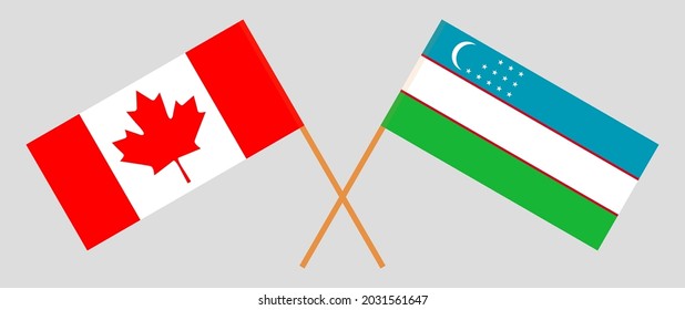 Crossed flags of Canada and Uzbekistan. Official colors. Correct proportion