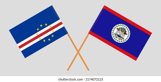 Crossed flags of Cape Verde and Belize. Official colors. Correct proportion. Vector illustration