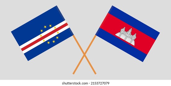 Crossed flags of Cape Verde and Cambodia. Official colors. Correct proportion