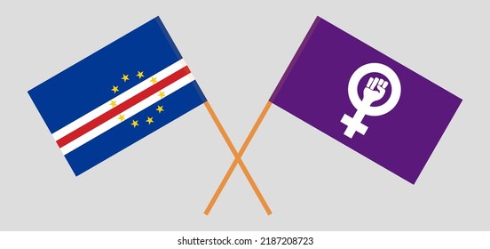 Crossed flags of Cape Verde and Feminism. Official colors. Correct proportion. Vector illustration
