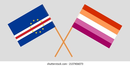 Crossed flags of Cape Verde and Lesbian Pride. Official colors. Correct proportion. Vector illustration
