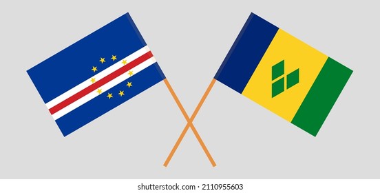 Crossed flags of Cape Verde and Saint Vincent and the Grenadines. Official colors. Correct proportion. Vector illustration
