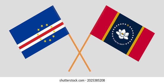 Crossed flags of Cape Verde and the State of Mississippi. Official colors. Correct proportion