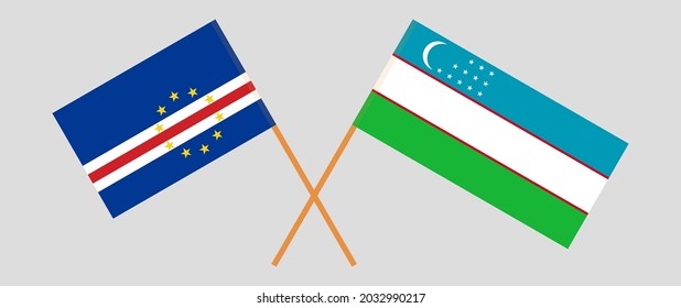 Crossed flags of Cape Verde and Uzbekistan. Official colors. Correct proportion