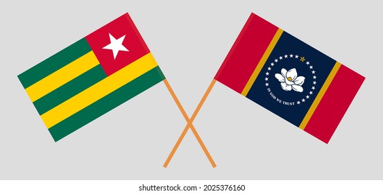 Banderas cruzadas de la República Centroafricana y el Estado de Misisipi. Colores oficiales. Proporción correcta