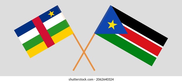 Crossed flags of Central African Republic and South Sudan. Official colors. Correct proportion